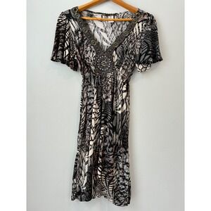 M USA Brown Black White Dress Embellished V Neck Short Sleeve Medium‎